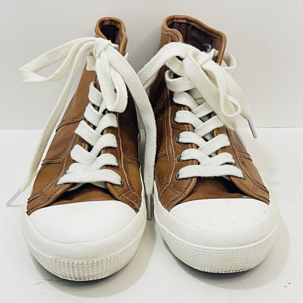 Ralph Lauren Women's Brown Tan High Top Lace Up Leather Sneakers High Tops Sz 6B - Picture 2 of 9